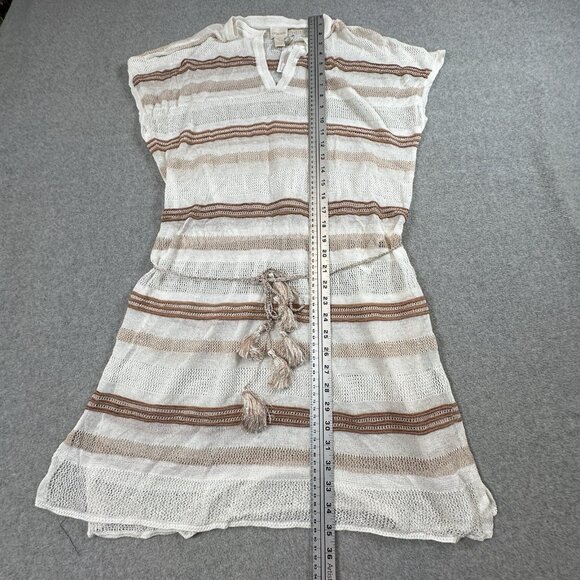 Chicos Cover Up Striped Open Knit Tassel Tie Waist Tunic Dress Beige Tan Medium - Picture 8 of 12